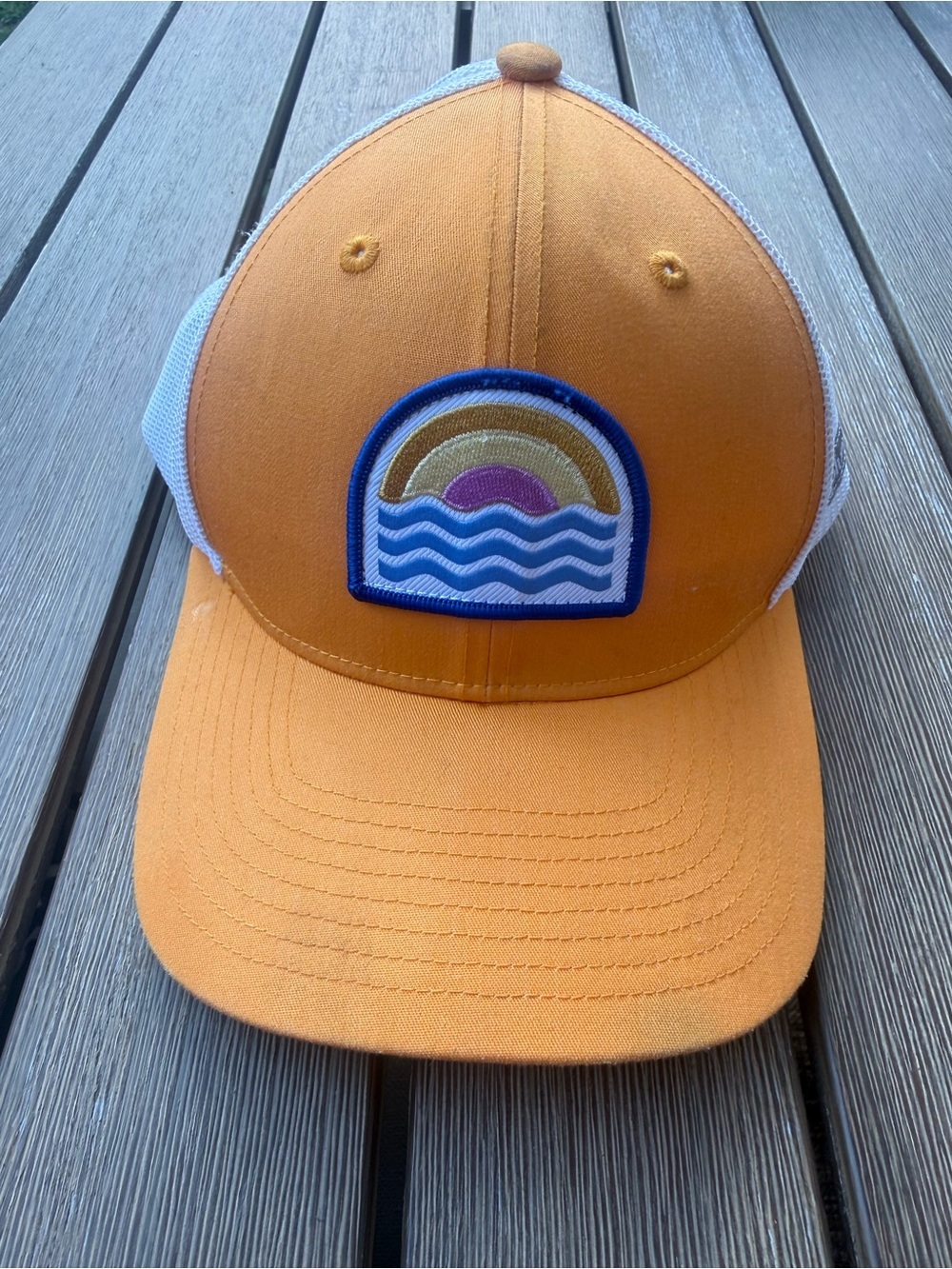 Columbia Orange White Mesh Trucker Hat Sunset Ocean Patch Snapback